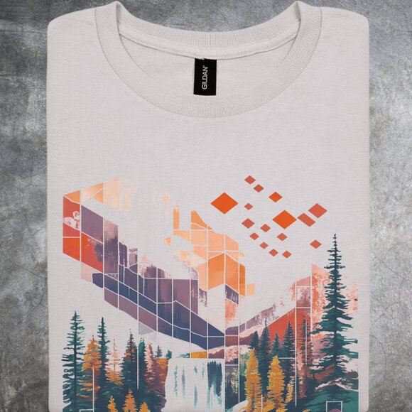 Geometric Landscape Shirt Waterfall Mountain Illustration Tshirt Cotton Tee Gray - Picture 5 of 5